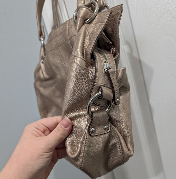 Tignanelle Metallic Gold Pebble Leather Double Handle with Zipper Shoulder Bag - Picture 7 of 13